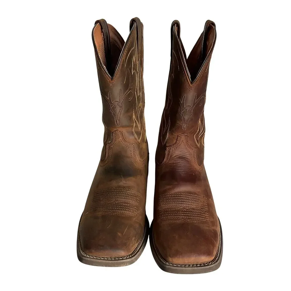 Ariat Men’s Western Cowboy Boots Brown Leather Deer Skull Square Toe Size 13D